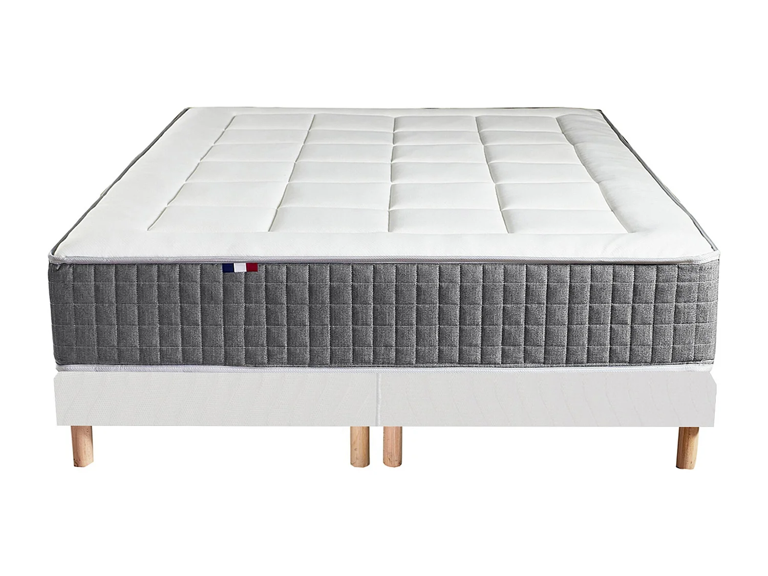 Ensemble Matelas Ressort 7 zones H.28cm + Sommier + couette + oreillers Fabriqué en France MAX Dimensions - 2x90 x 200 cm, Sommier - Blanc