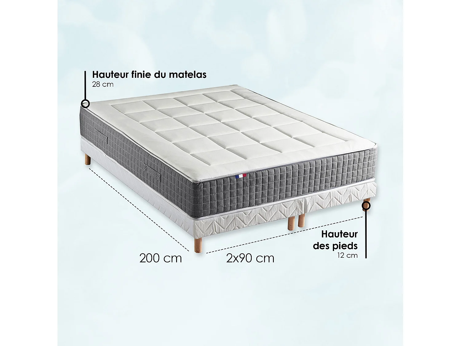 Ensemble Matelas Ressort 7 zones H.28cm + Sommier + couette + oreillers Fabriqué en France MAX Dimensions - 2x90 x 200 cm, Sommier - Blanc