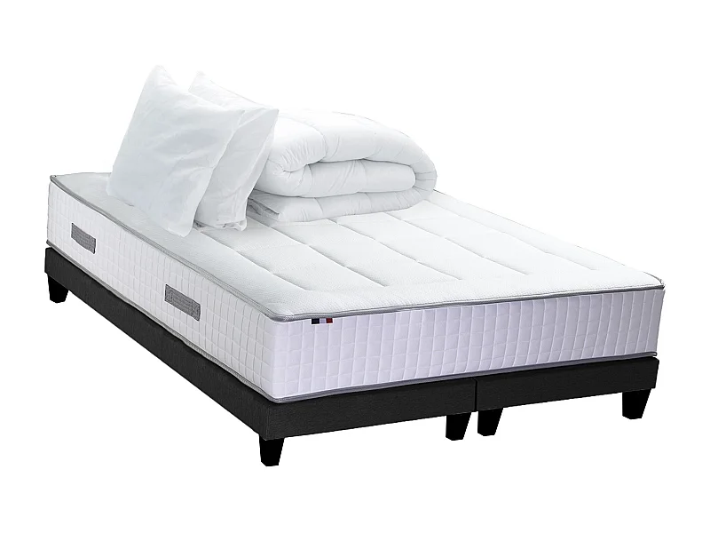 Ensemble Matelas Ressort 7 zones + Mémoire de forme + Sommier + couette + oreillers BELLAGIO Fabriqué en France Dimensions - 2x90 x 200 cm