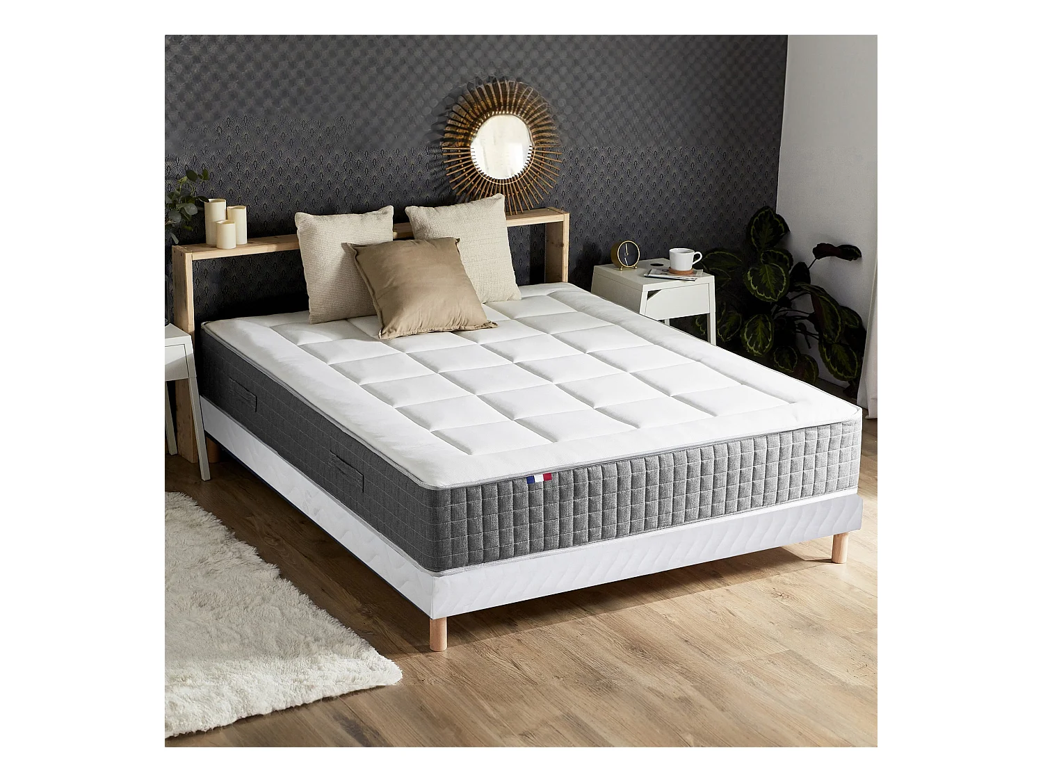 Ensemble Matelas Ressort 7 zones H.28cm + Sommier Fabriqué en France MAX Dimensions - 140 x 190 cm, Sommier - Blanc