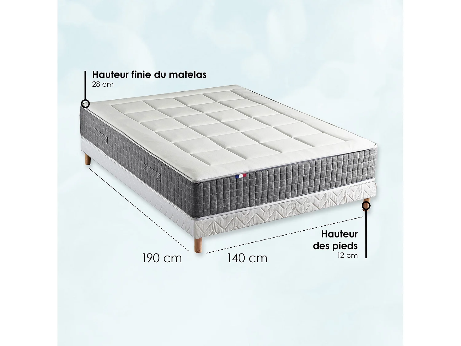 Ensemble Matelas Ressort 7 zones H.28cm + Sommier Fabriqué en France MAX Dimensions - 140 x 190 cm, Sommier - Blanc