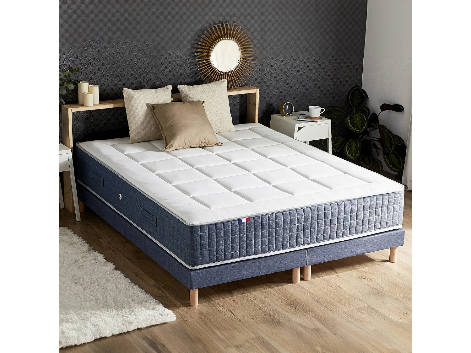 Ensemble Matelas Ressort 7 zones + Mémoire de forme + Sommier KING STYLE + couette + oreillers - Fabriqué en France Dimensions - 2x90 x 200 cm