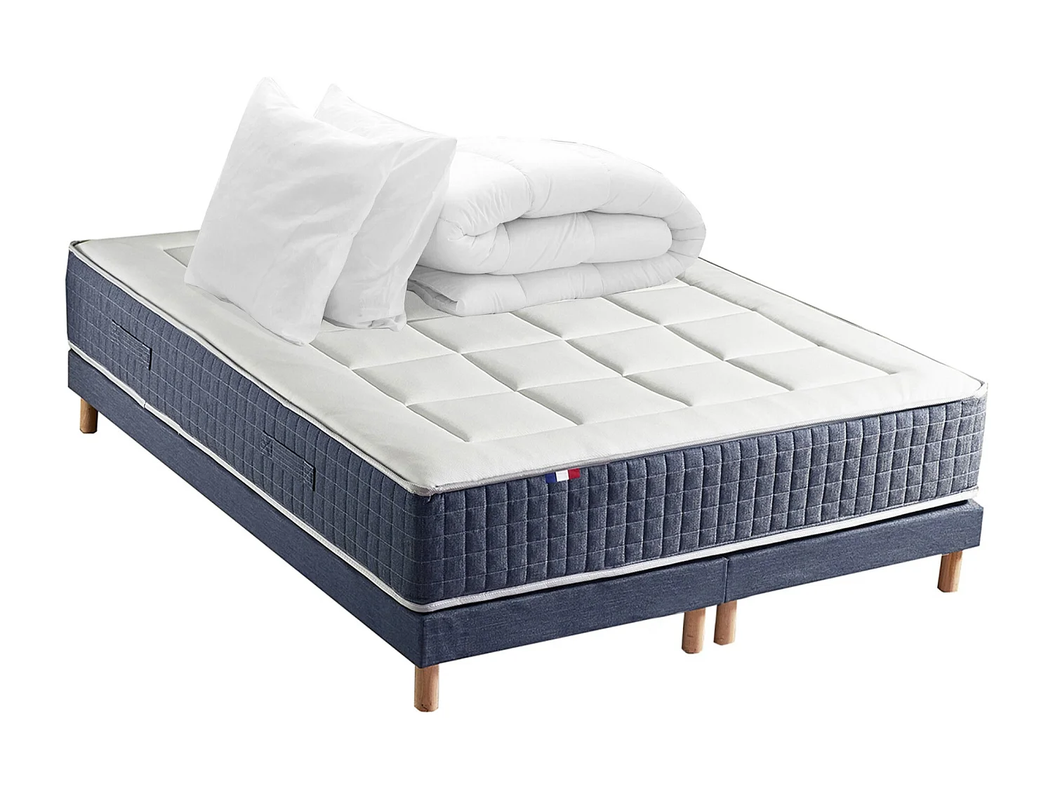 Ensemble Matelas Ressort 7 zones + Mémoire de forme + Sommier KING STYLE + couette + oreillers - Fabriqué en France Dimensions - 2x90 x 200 cm