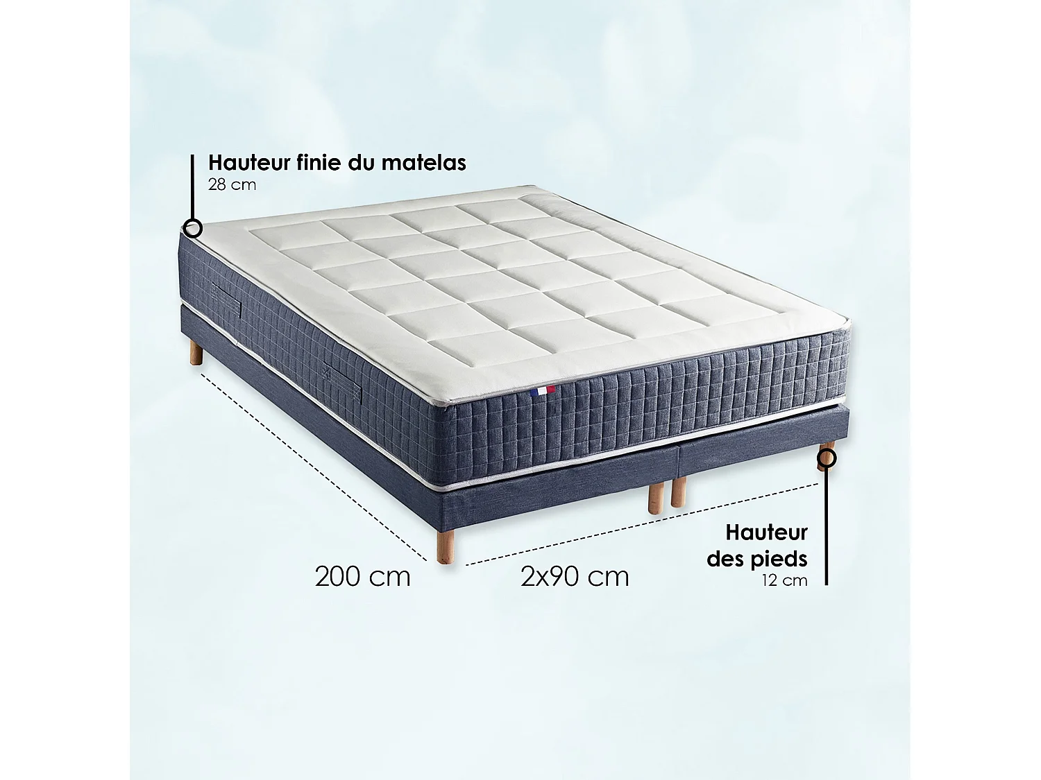 Ensemble Matelas Ressort 7 zones + Mémoire de forme + Sommier KING STYLE + couette + oreillers - Fabriqué en France Dimensions - 2x90 x 200 cm