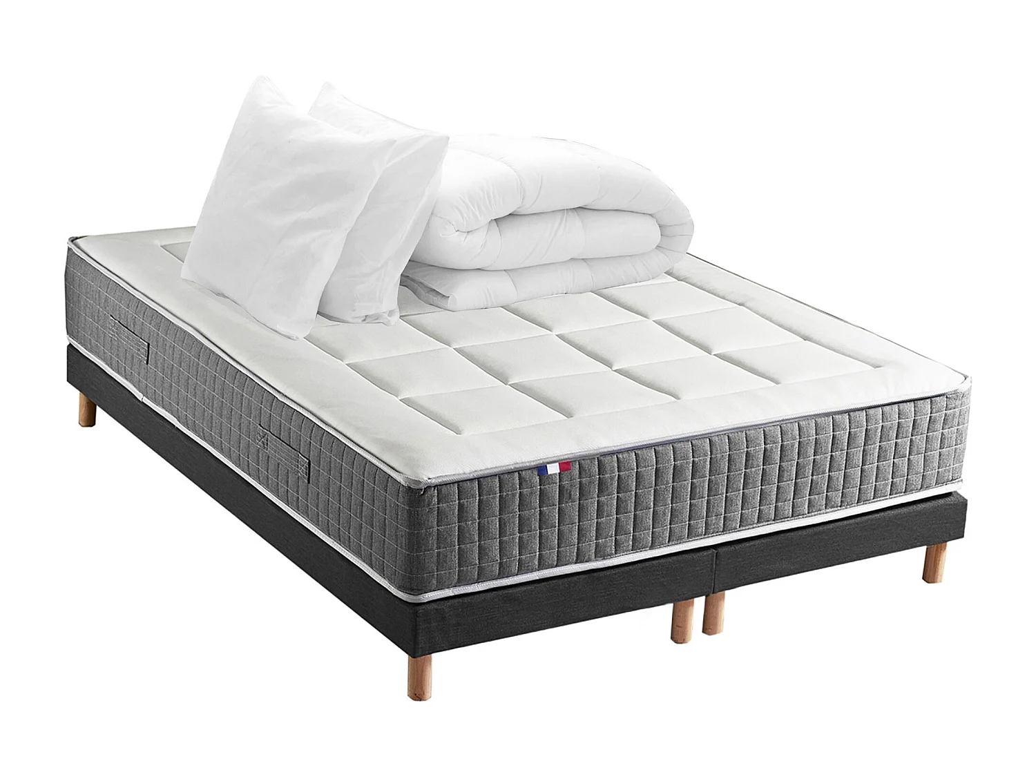 Ensemble Matelas Ressort 7 zones H.28cm + Sommier + couette + oreillers Fabriqué en France MAX Dimensions - 2x80 x 200 cm, Sommier - Noir