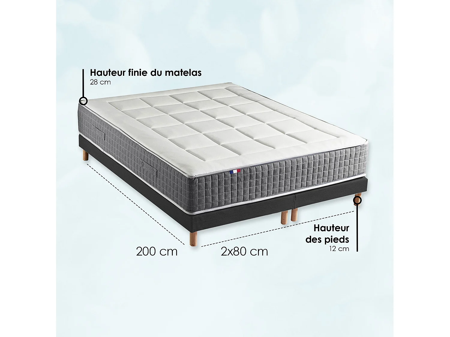 Ensemble Matelas Ressort 7 zones H.28cm + Sommier + couette + oreillers Fabriqué en France MAX Dimensions - 2x80 x 200 cm, Sommier - Noir