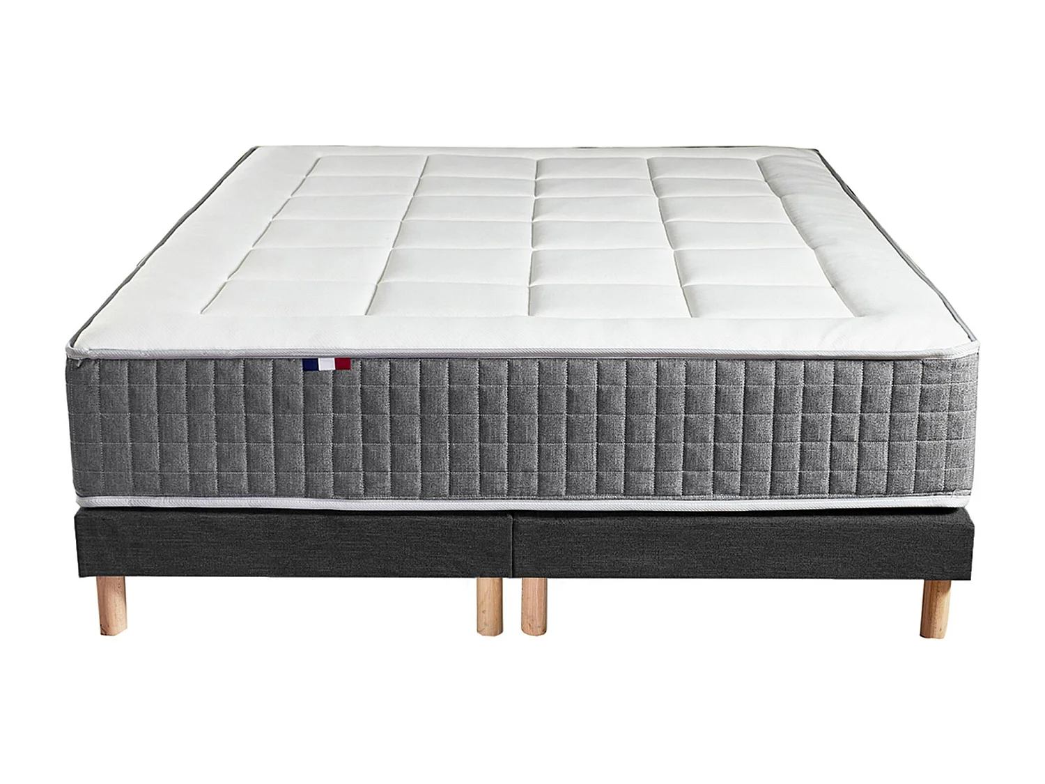 Ensemble Matelas Ressort 7 zones H.28cm + Sommier + couette + oreillers Fabriqué en France MAX Dimensions - 2x80 x 200 cm, Sommier - Noir