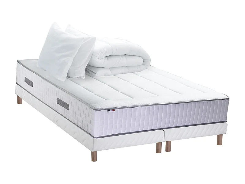 Ensemble matelas Ressort 7 zones + sommier + oreiller + couette - FABRICATION FRANCAISE Dimensions - 2x80 x 200 cm, Sommier - Blanc