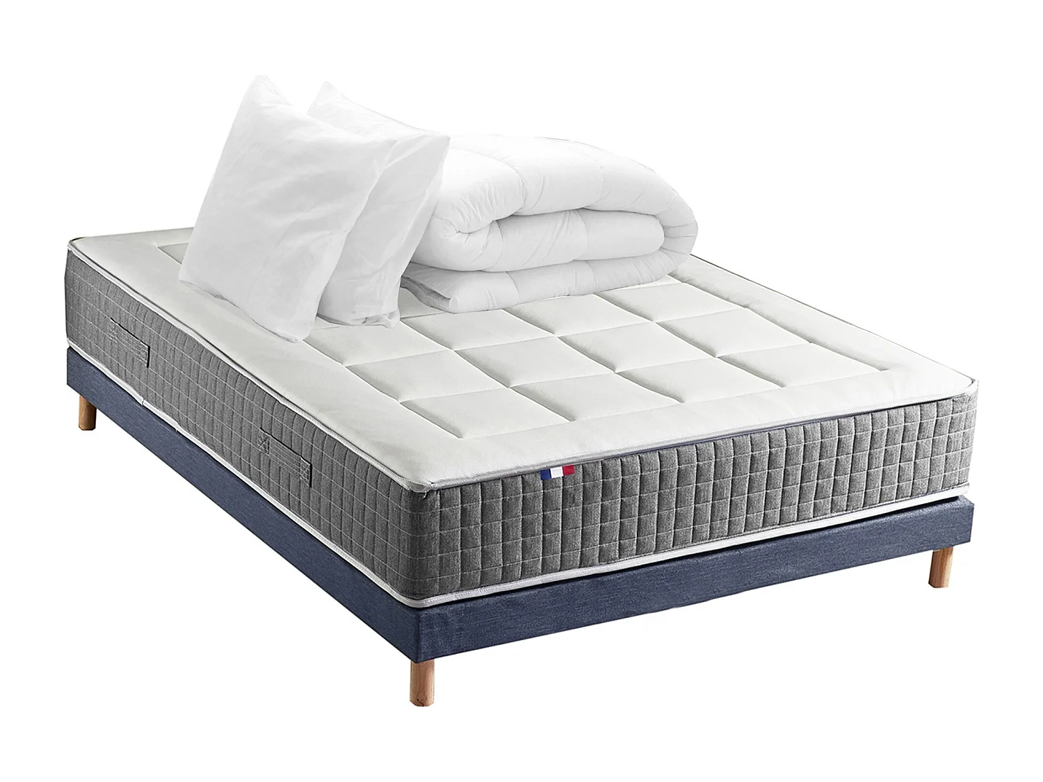 Ensemble Matelas Ressort 7 zones H.28cm + Sommier + couette + oreillers Fabriqué en France MAX Dimensions - 140 x 190 cm, Sommier - Bleu denim
