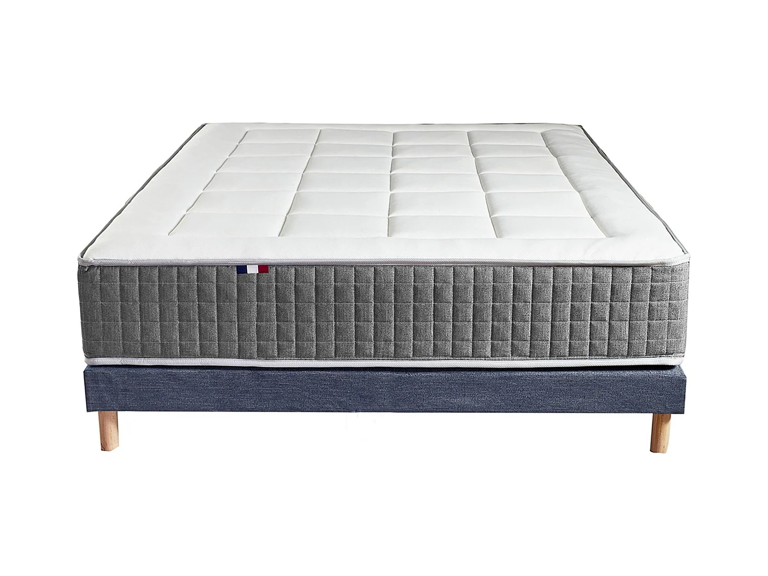 Ensemble Matelas Ressort 7 zones H.28cm + Sommier + couette + oreillers Fabriqué en France MAX Dimensions - 140 x 190 cm, Sommier - Bleu denim