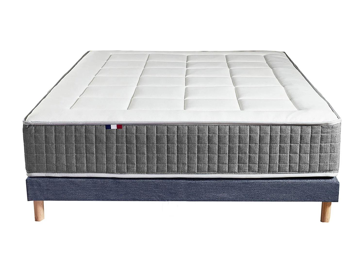 Ensemble Matelas Ressort 7 zones H.28cm + Sommier + couette + oreillers Fabriqué en France MAX Dimensions - 140 x 190 cm, Sommier - Bleu denim