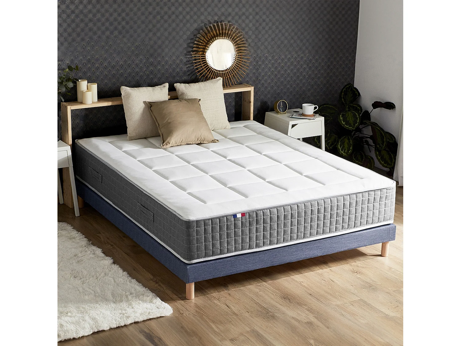 Ensemble Matelas Ressort 7 zones H.28cm + Sommier + couette + oreillers Fabriqué en France MAX Dimensions - 140 x 190 cm, Sommier - Bleu denim