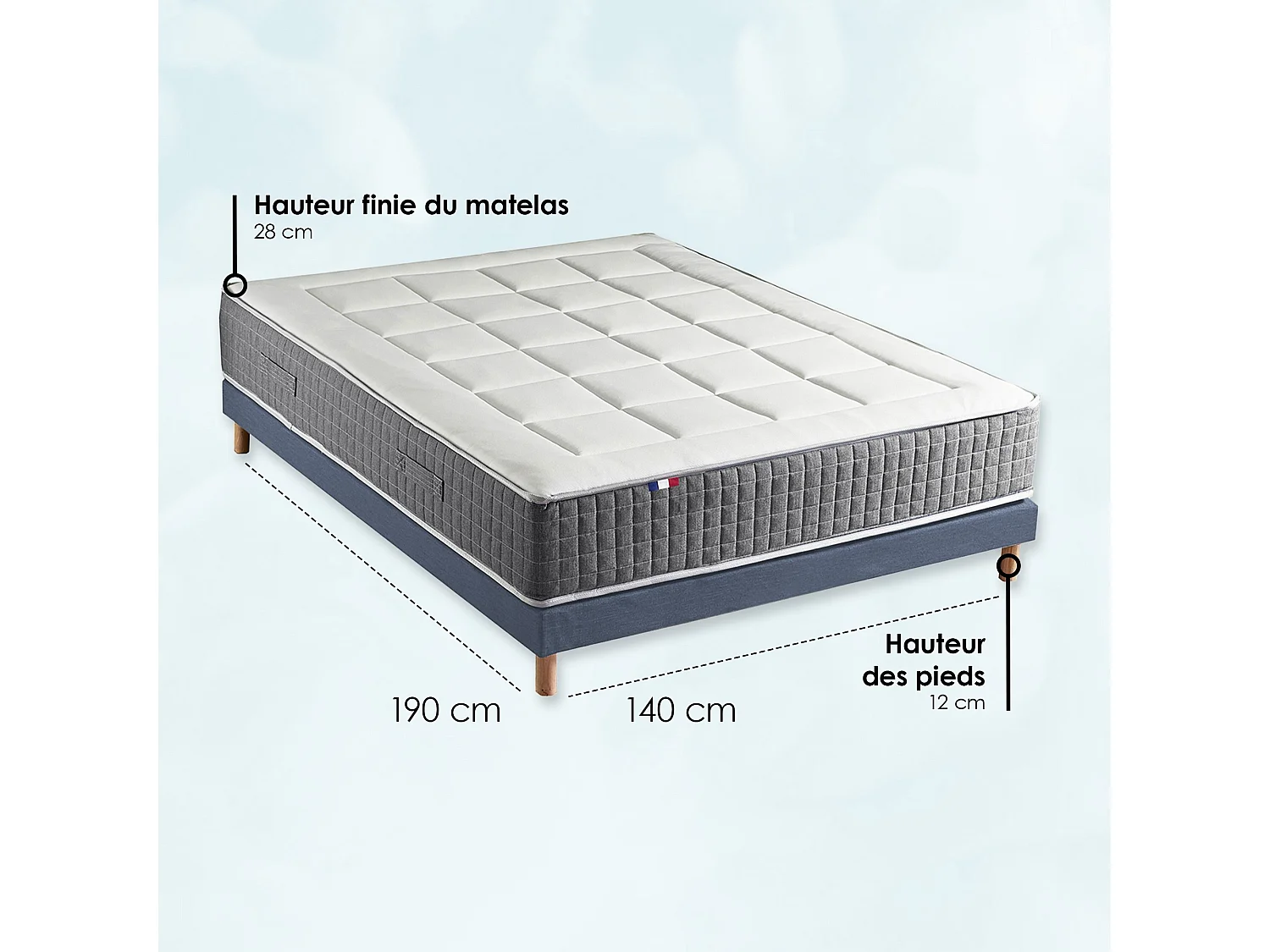 Ensemble Matelas Ressort 7 zones H.28cm + Sommier + couette + oreillers Fabriqué en France MAX Dimensions - 140 x 190 cm, Sommier - Bleu denim