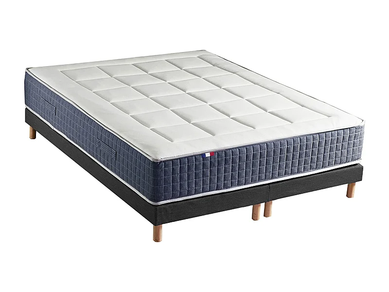 Ensemble Matelas Ressort 7 zones + Mémoire de forme + Sommier KING STYLE Fabriqué en France Dimensions - 2x80 x 200 cm, Sommier - Noir