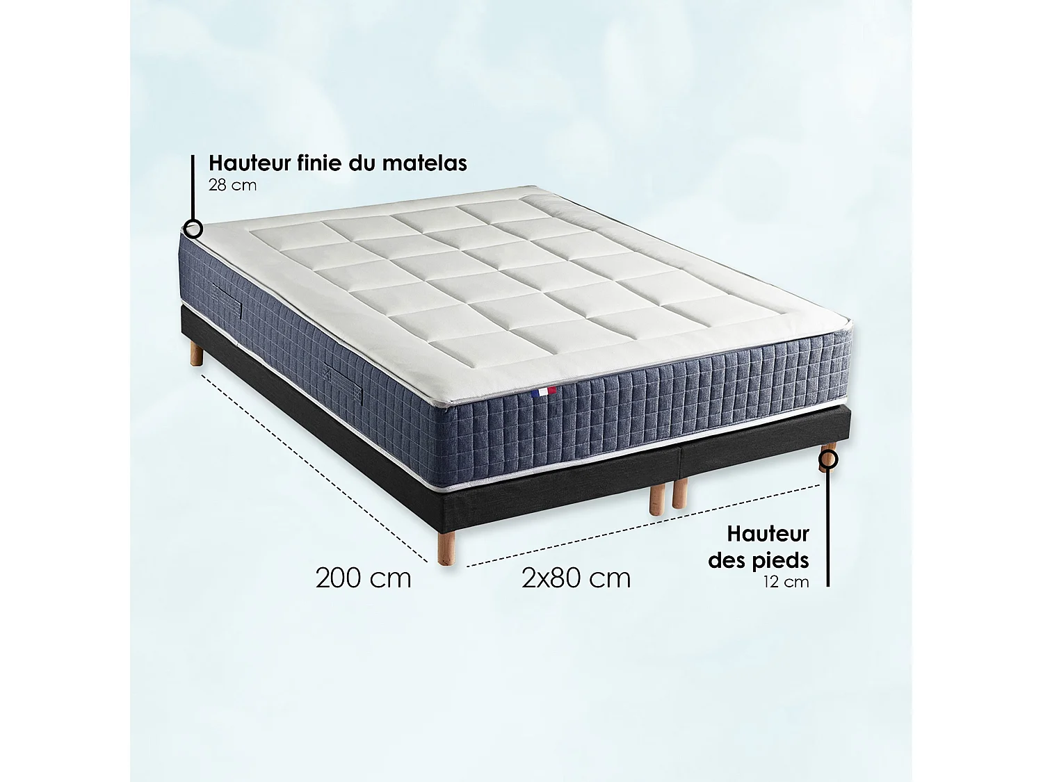 Ensemble Matelas Ressort 7 zones + Mémoire de forme + Sommier KING STYLE Fabriqué en France Dimensions - 2x80 x 200 cm, Sommier - Noir