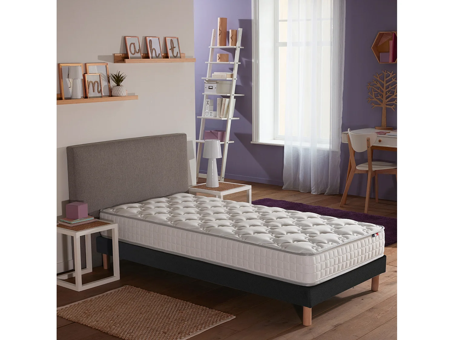 Pack literie ASTRE, matelas à ressorts et sommier en bois massif Dimensions - 90 x 190 cm, Sommier - Noir