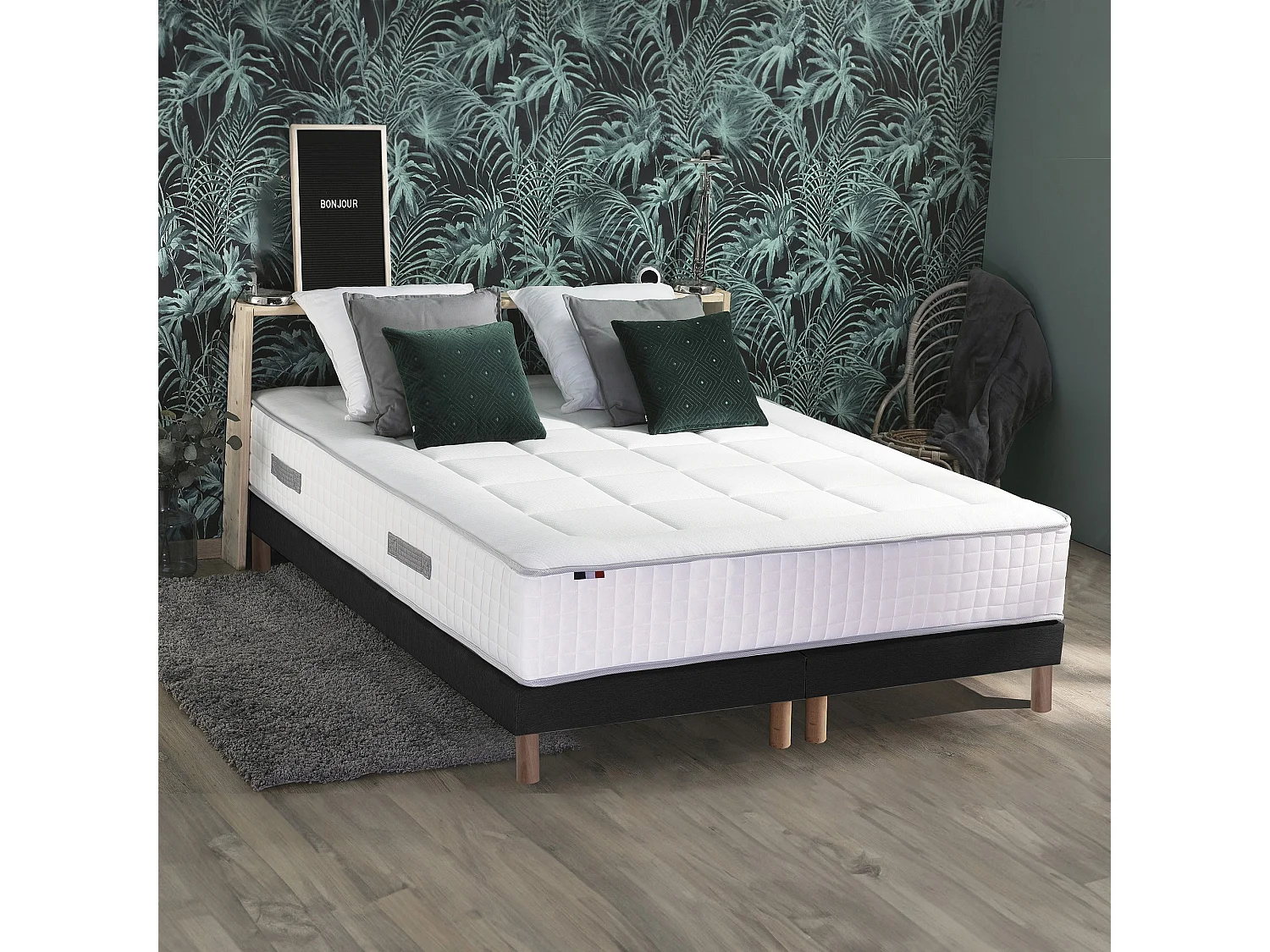 Ensemble matelas Ressort 7 zones + sommier + oreiller + couette - FABRICATION FRANCAISE Dimensions - 2x90 x 200 cm, Sommier - Noir