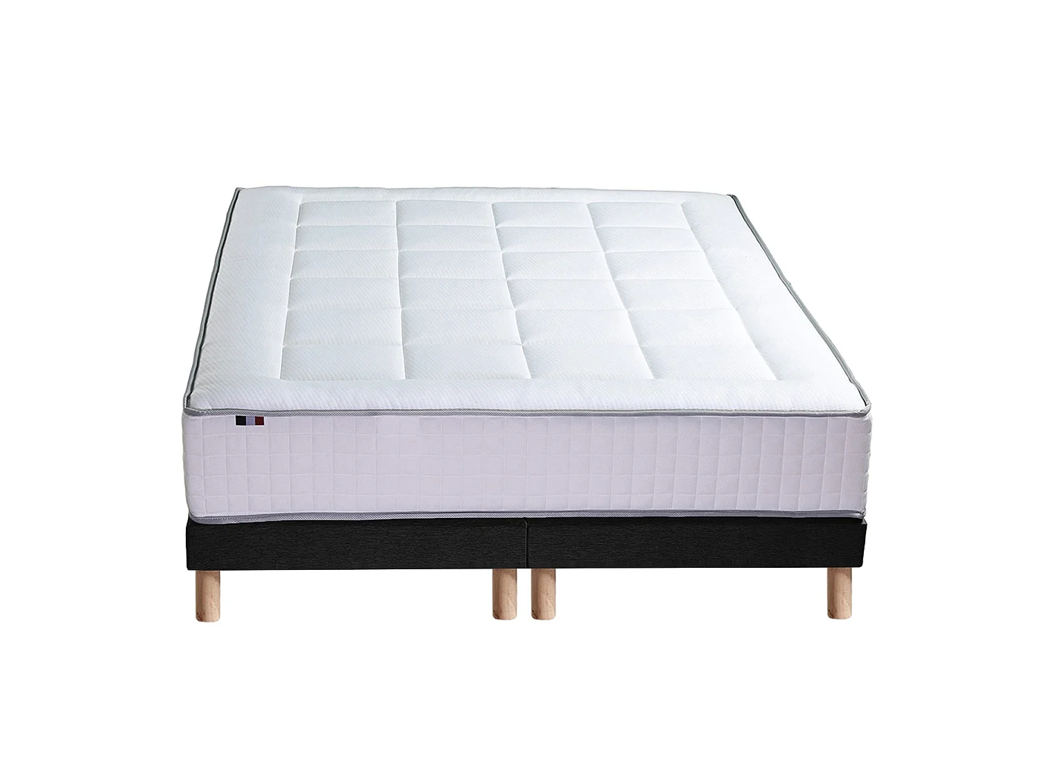 Ensemble matelas Ressort 7 zones + sommier + oreiller + couette - FABRICATION FRANCAISE Dimensions - 2x90 x 200 cm, Sommier - Noir