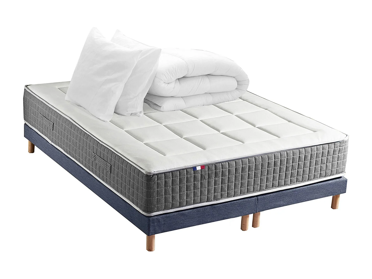 Ensemble Matelas Ressort 7 zones H.28cm + Sommier + couette + oreillers Fabriqué en France MAX Dimensions - 2x80 x 200 cm, Sommier - Bleu denim