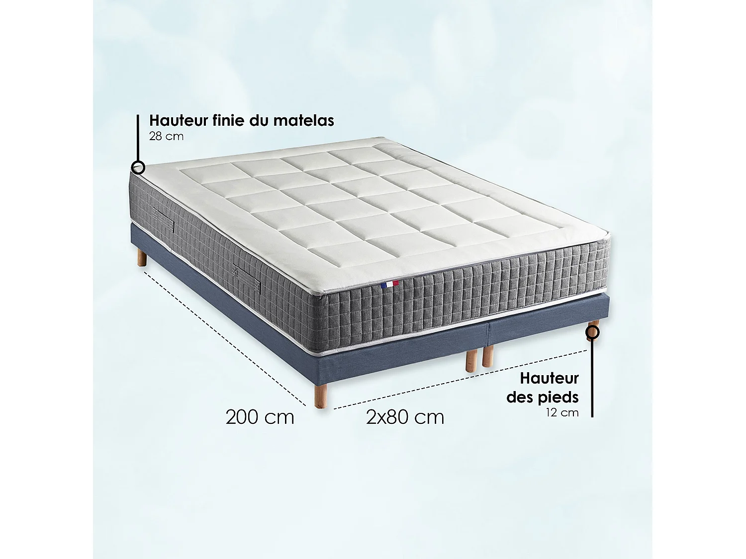 Ensemble Matelas Ressort 7 zones H.28cm + Sommier + couette + oreillers Fabriqué en France MAX Dimensions - 2x80 x 200 cm, Sommier - Bleu denim