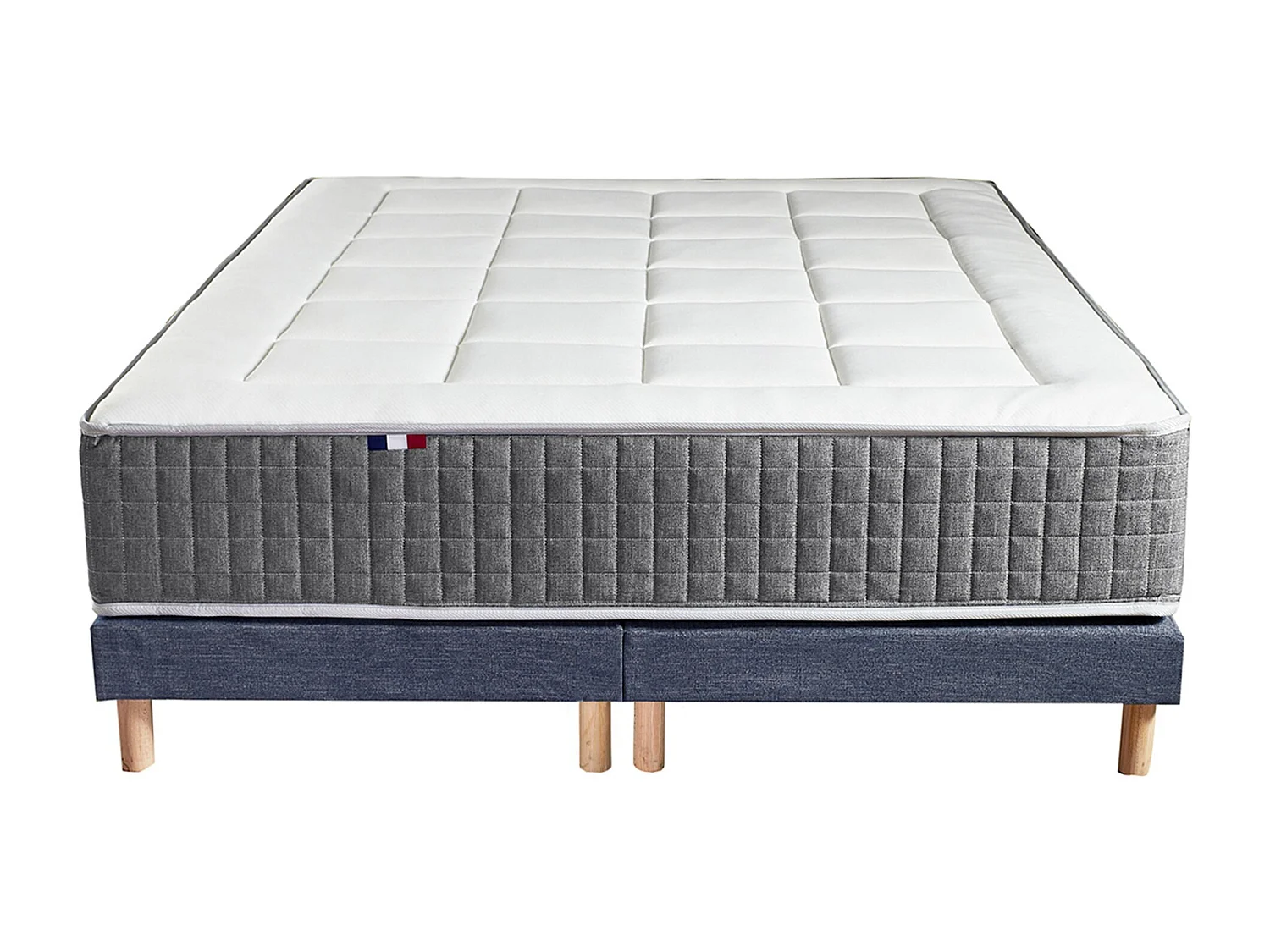 Ensemble Matelas Ressort 7 zones H.28cm + Sommier + couette + oreillers Fabriqué en France MAX Dimensions - 2x80 x 200 cm, Sommier - Bleu denim