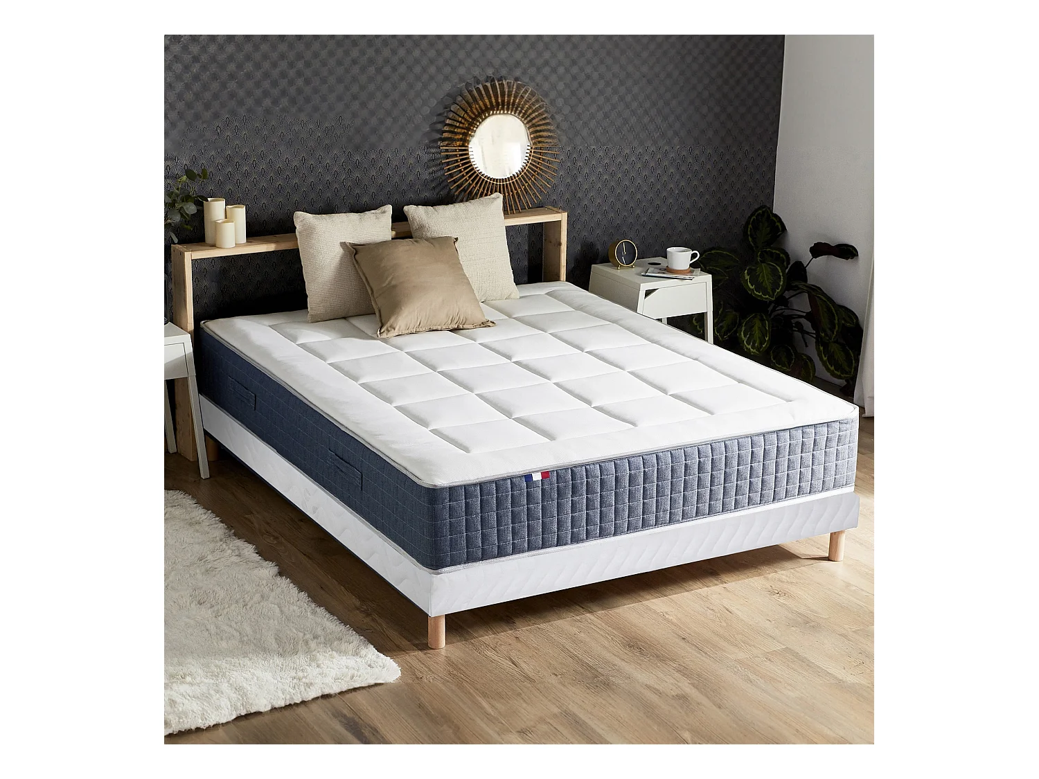 Ensemble Matelas Ressort 7 zones + Mémoire de forme + Sommier KING STYLE Fabriqué en France Dimensions - 140 x 190 cm, Sommier - Blanc