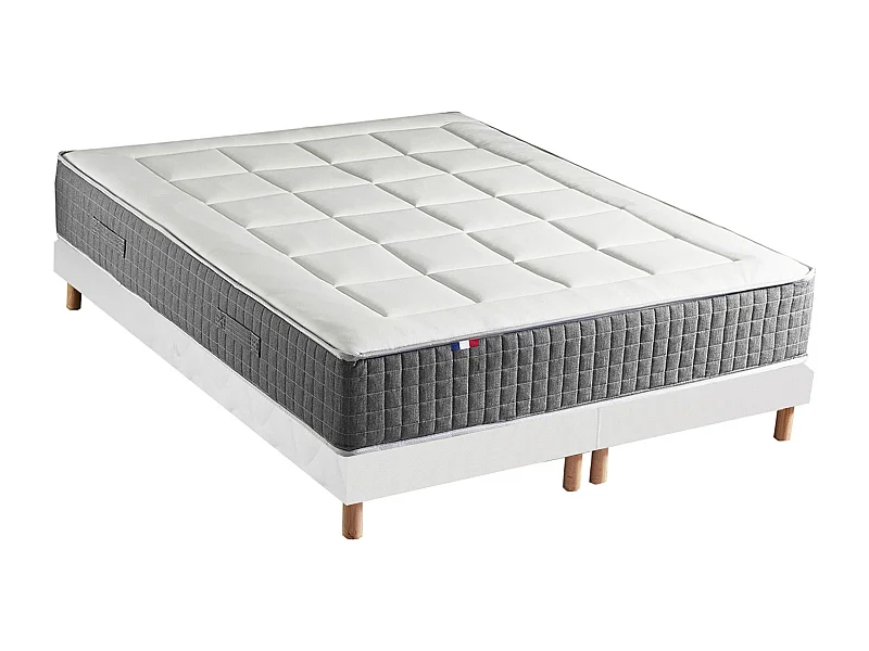 Ensemble Matelas Ressort 7 zones H.28cm + Sommier Fabriqué en France MAX Dimensions - 2x90 x 200 cm, Sommier - Blanc