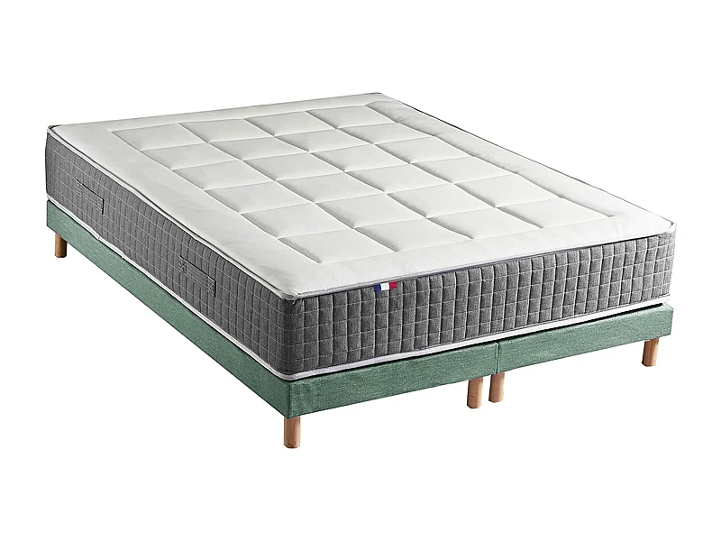 Ensemble Matelas Ressort 7 zones H.28cm + Sommier Fabriqué en France MAX Dimensions - 2x80 x 200 cm, Sommier - Vert celadon