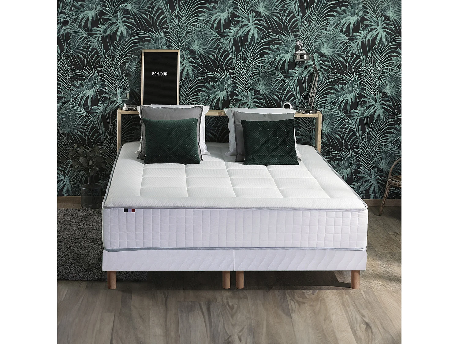 Ensemble matelas Ressort 7 zones + sommier + oreiller + couette - FABRICATION FRANCAISE  - 2x90 x 200 cm, Sommier - Blanc