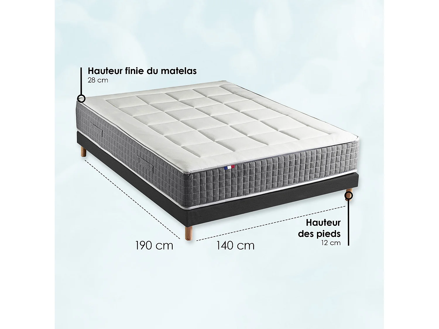 Ensemble Matelas Ressort 7 zones H.28cm + Sommier + couette + oreillers Fabriqué en France MAX Dimensions - 140 x 190 cm, Sommier - Noir