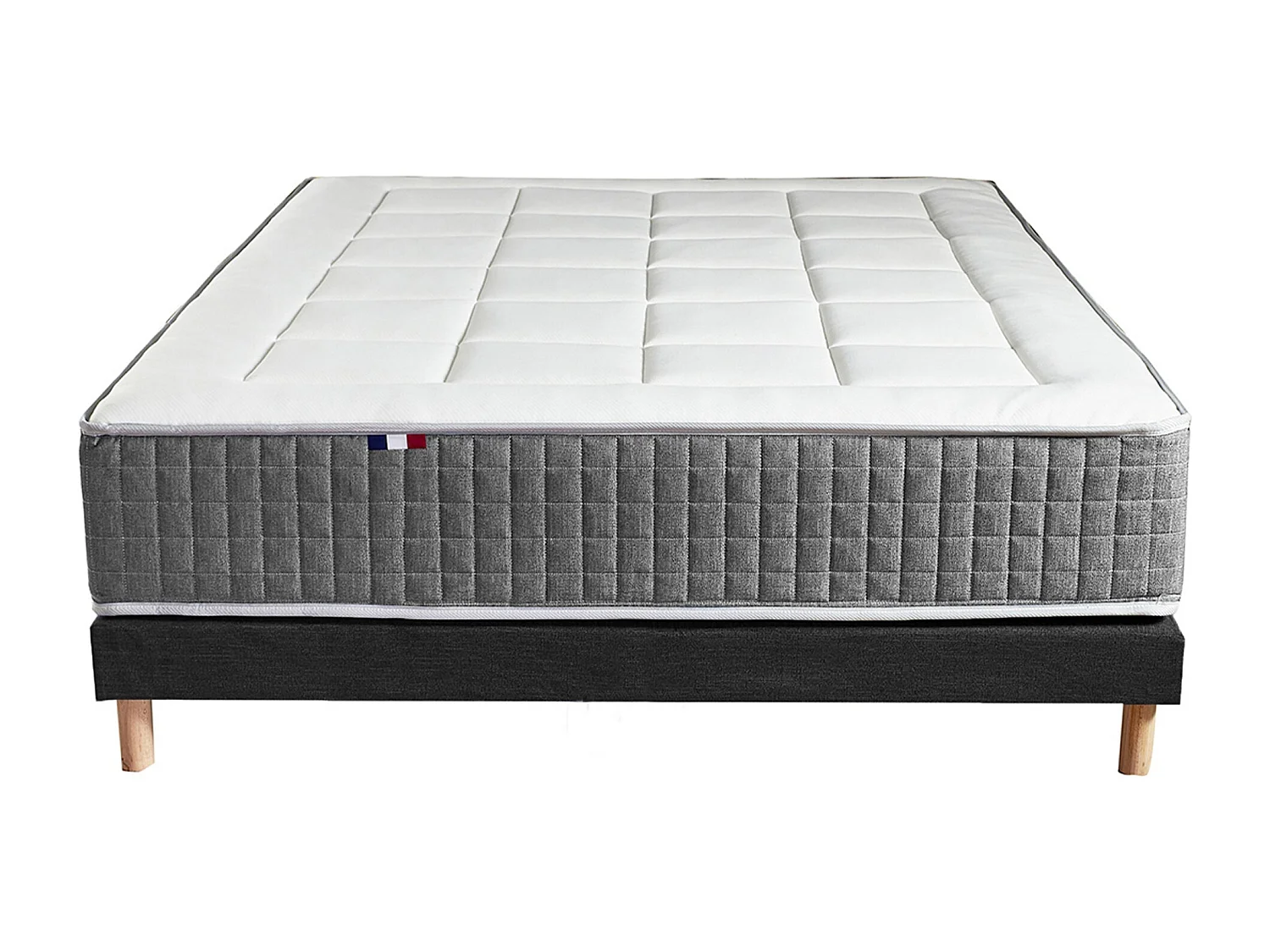 Ensemble Matelas Ressort 7 zones H.28cm + Sommier + couette + oreillers Fabriqué en France MAX Dimensions - 140 x 190 cm, Sommier - Noir
