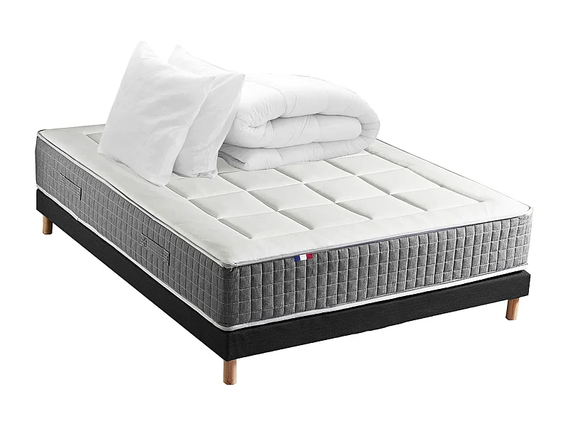 Ensemble Matelas Ressort 7 zones H.28cm + Sommier + couette + oreillers Fabriqué en France MAX Dimensions - 140 x 190 cm, Sommier - Noir