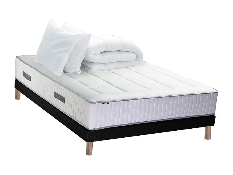 Ensemble matelas Ressort 7 zones + sommier + oreiller + couette - FABRICATION FRANCAISE Dimensions - 140 x 190 cm, Sommier - Noir