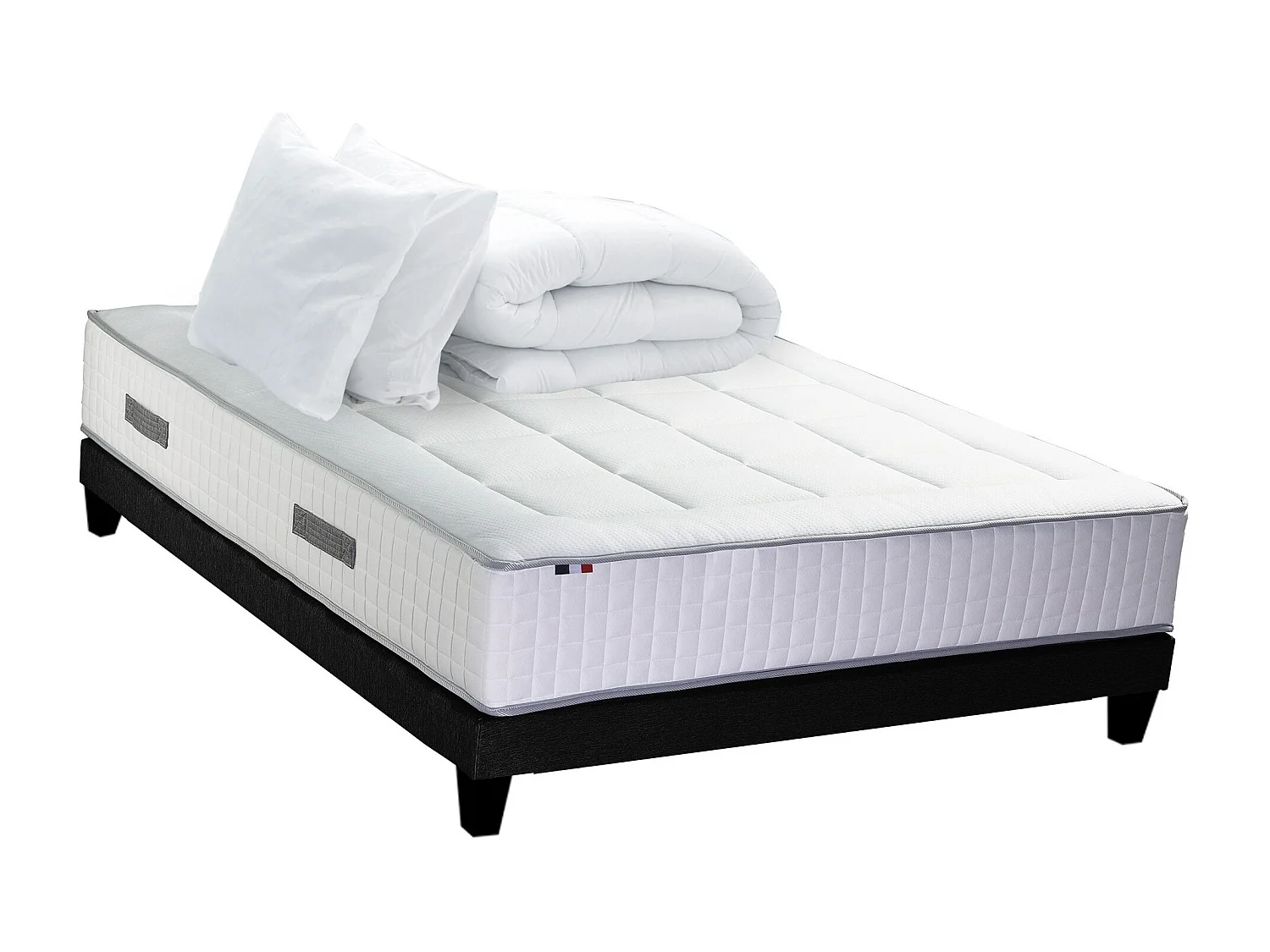Ensemble Matelas Ressort 7 zones + Mémoire de forme + Sommier + couette + oreillers BELLAGIO Fabriqué en France Dimensions - 140 x 190 cm