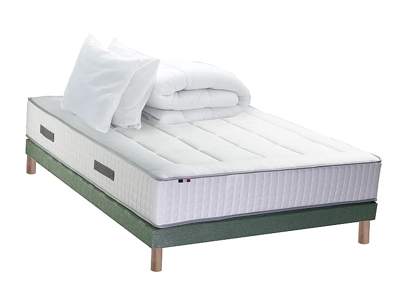 Ensemble matelas Ressort 7 zones + sommier + oreiller + couette - FABRICATION FRANCAISE Dimensions - 140 x 190 cm, Sommier - Vert celadon