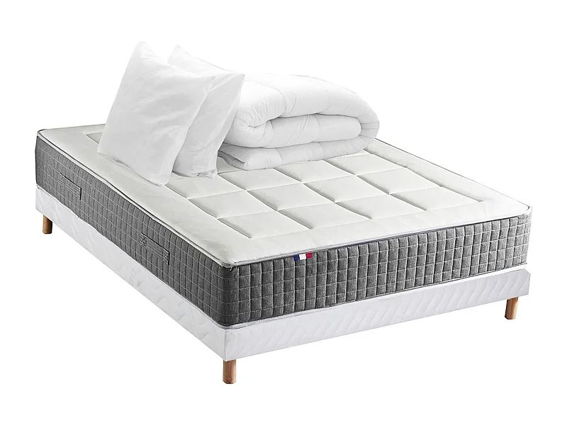 Ensemble Matelas Ressort 7 zones H.28cm + Sommier + couette + oreillers Fabriqué en France MAX Dimensions - 140 x 190 cm, Sommier - Blanc
