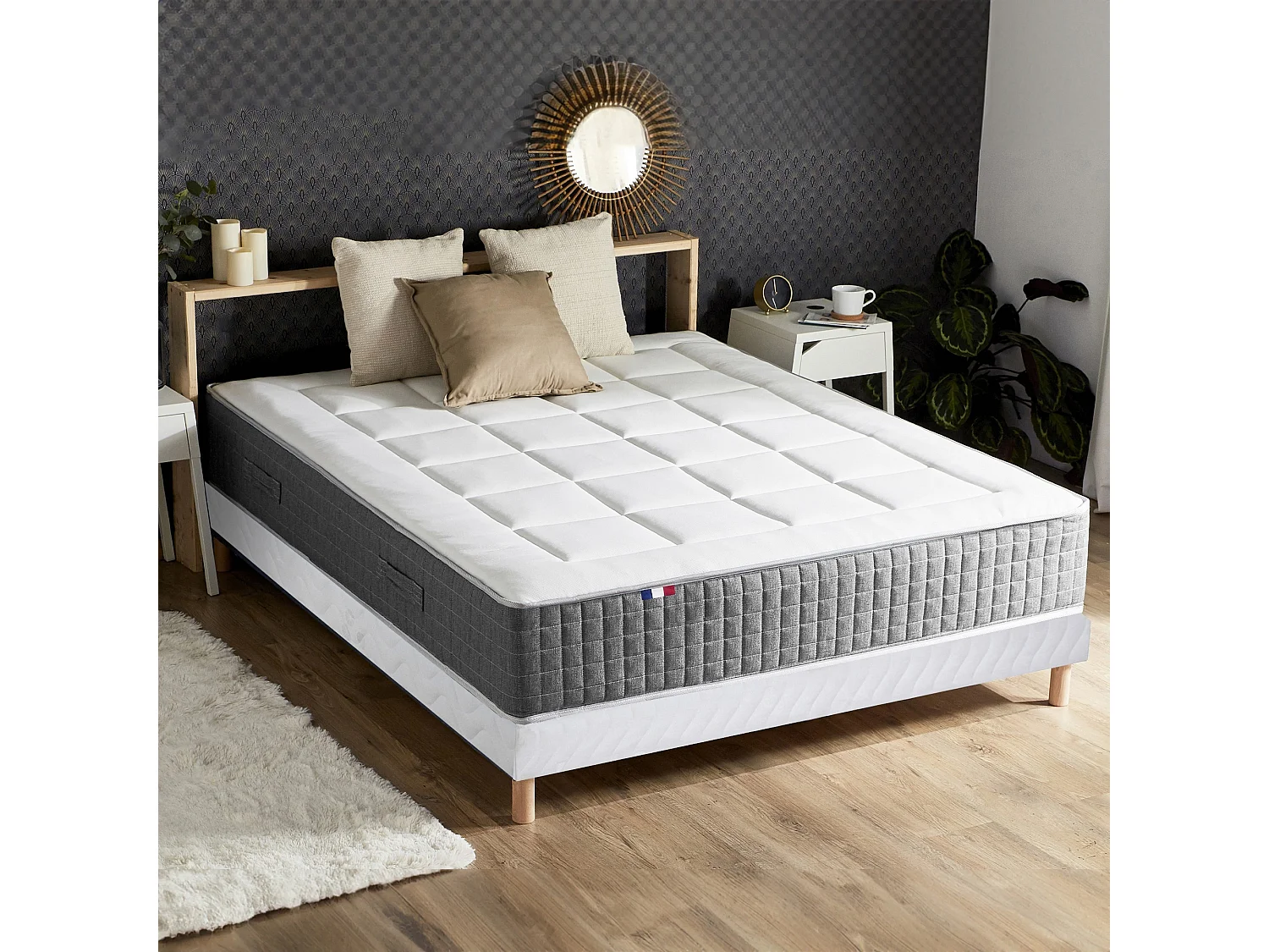 Ensemble Matelas Ressort 7 zones H.28cm + Sommier + couette + oreillers Fabriqué en France MAX Dimensions - 140 x 190 cm, Sommier - Blanc