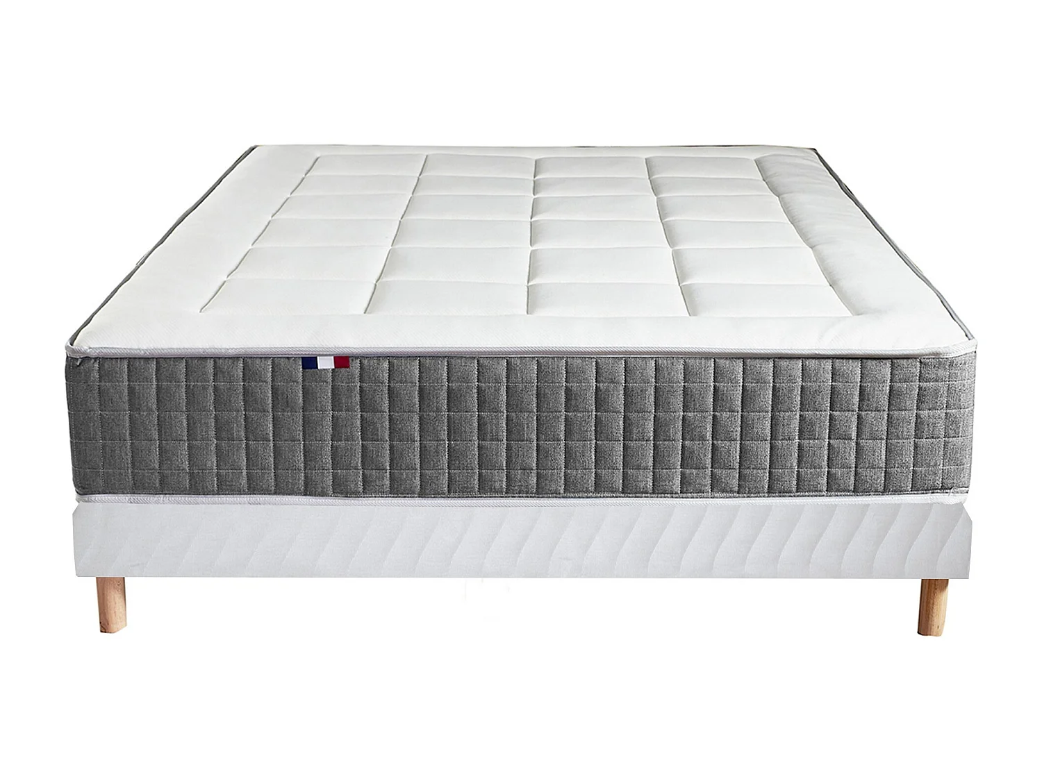 Ensemble Matelas Ressort 7 zones H.28cm + Sommier + couette + oreillers Fabriqué en France MAX Dimensions - 140 x 190 cm, Sommier - Blanc
