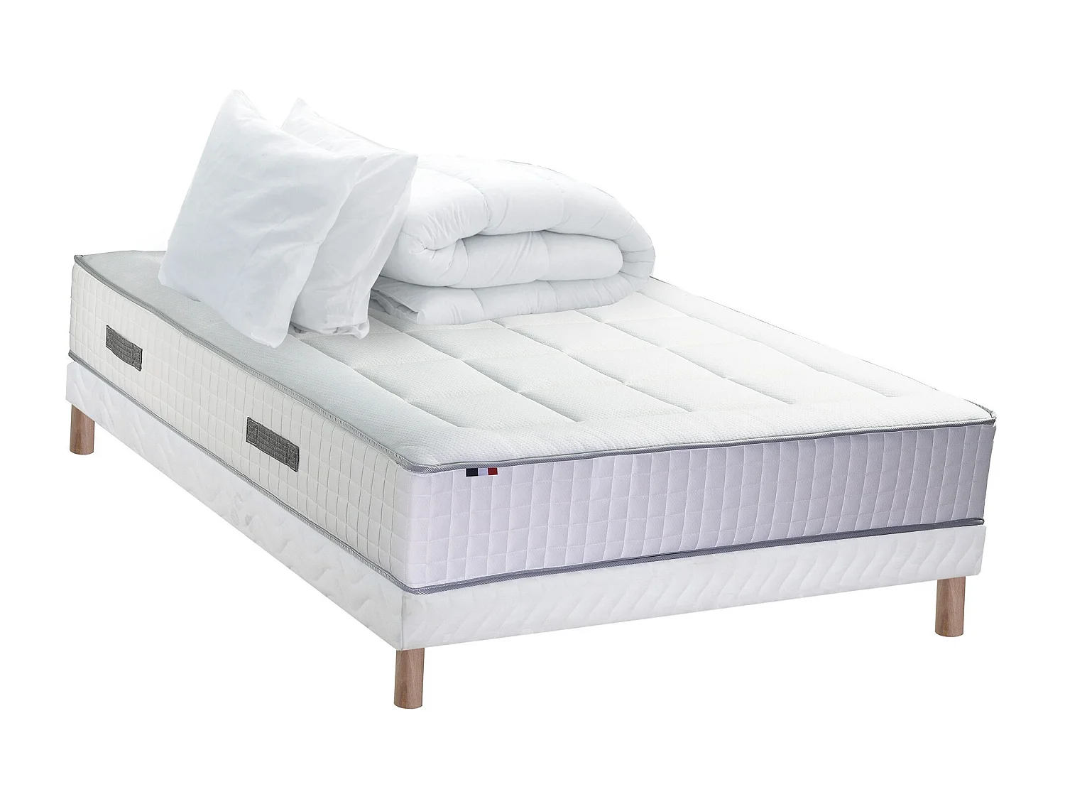 Ensemble matelas Ressort 7 zones + sommier + oreiller + couette - FABRICATION FRANCAISE Dimensions - 140 x 190 cm, Sommier - Blanc