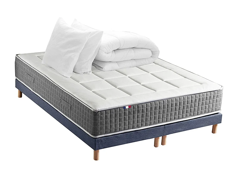 Ensemble Matelas Ressort 7 zones H.28cm + Sommier + couette + oreillers Fabriqué en France MAX Dimensions - 2x90 x 200 cm, Sommier - Bleu denim