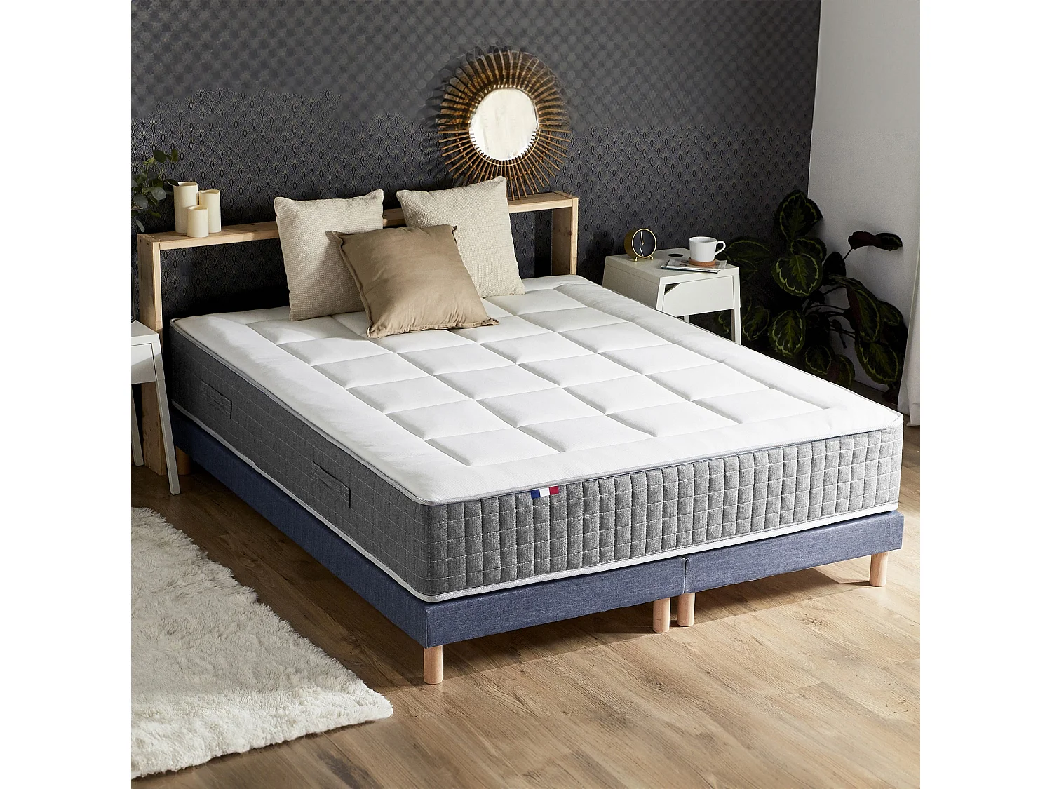 Ensemble Matelas Ressort 7 zones H.28cm + Sommier + couette + oreillers Fabriqué en France MAX Dimensions - 2x90 x 200 cm, Sommier - Bleu denim