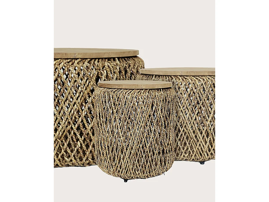 Yuda - Lot de trois tables en bois de teck massif et tissage banane avec rangements