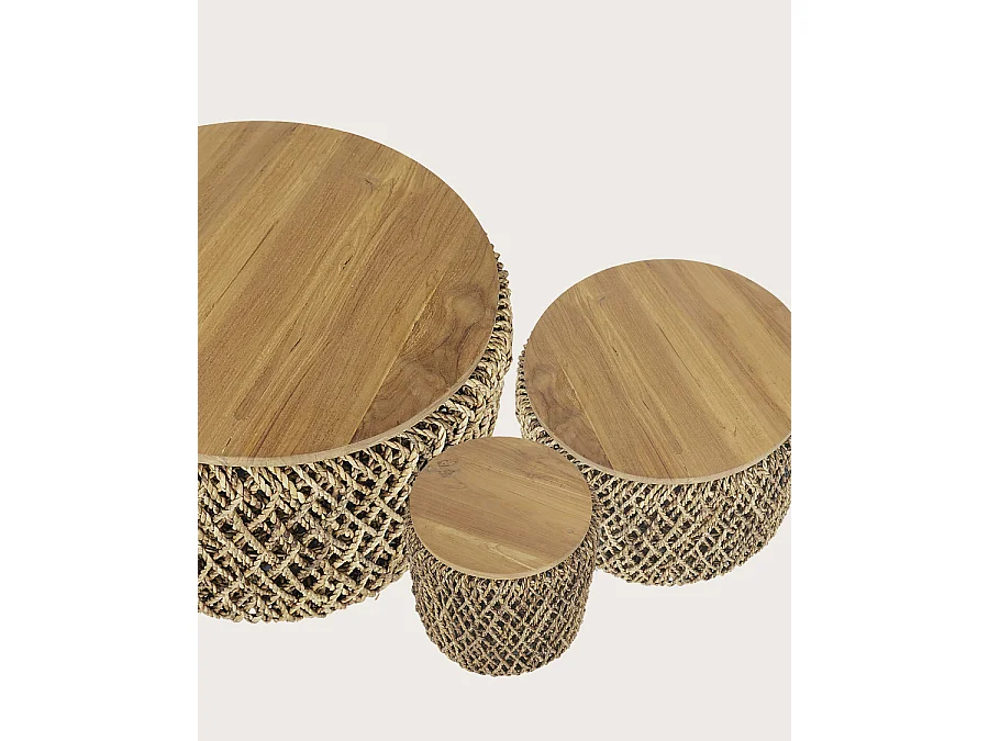 Yuda - Lot de trois tables en bois de teck massif et tissage banane avec rangements