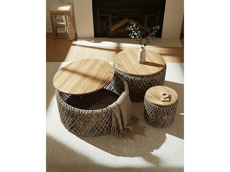 Yuda - Lot de trois tables en bois de teck massif et tissage banane avec rangements