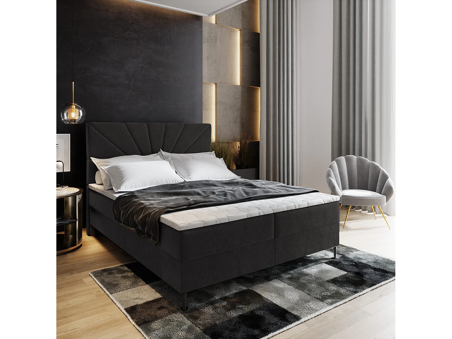 Boxspringbed MURI 180x200 cm Set met hoofdbord, bedbodem en matras, Zwart