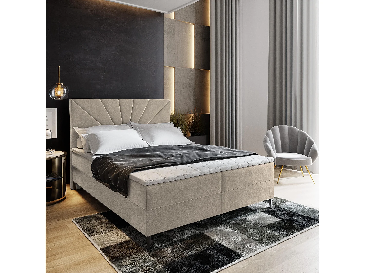 Boxspringbed MURI 140x200 cm Set met hoofdbord, bedbodem en matras, Beige