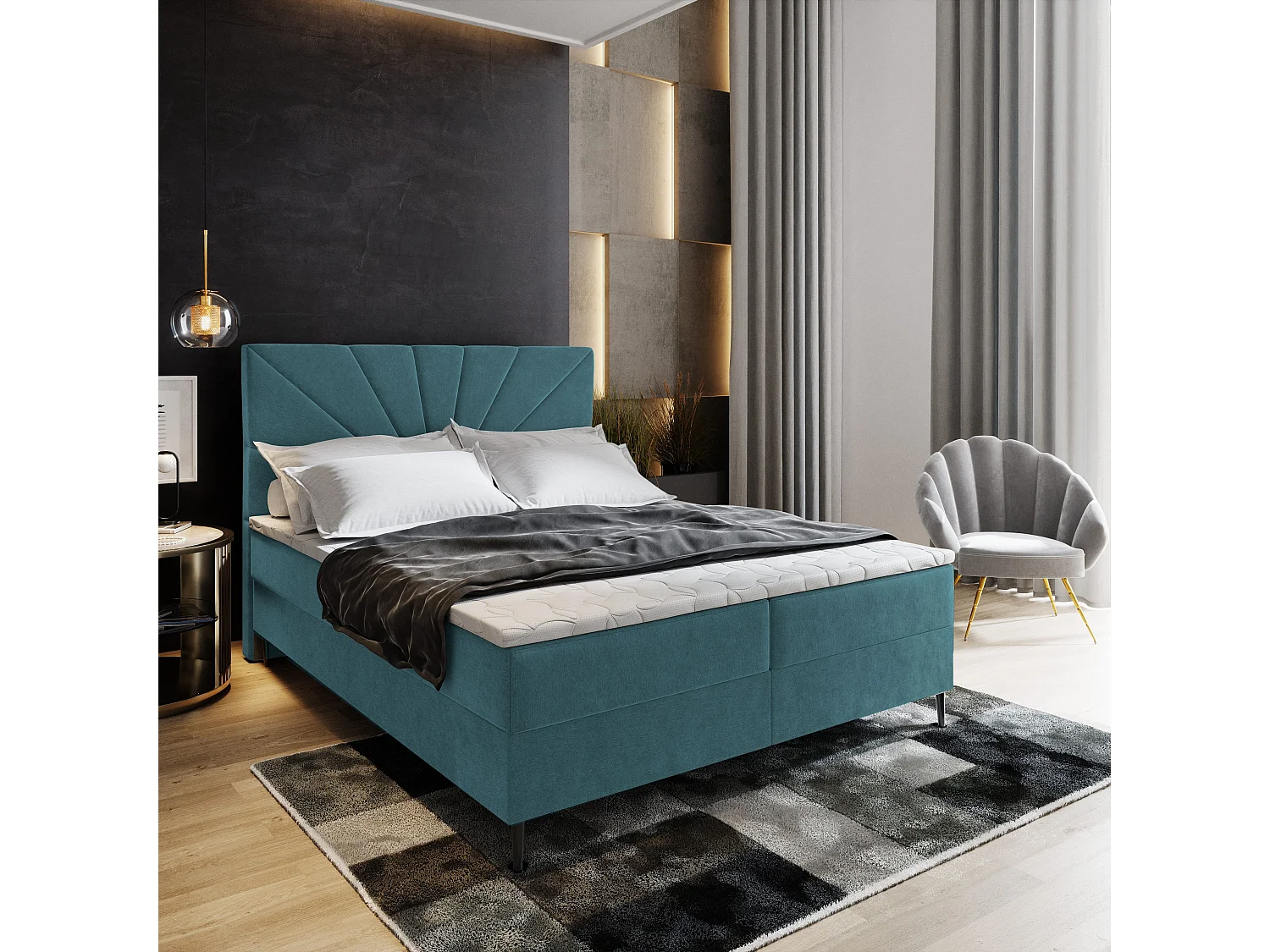 Boxspringbed MURI 160x200 cm Set met hoofdbord, bedbodem en matras, Groenblauw