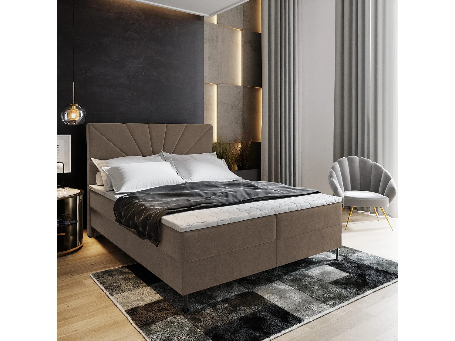 Boxspringbed MURI 140x200 cm Set met hoofdbord, bedbodem en matras, Bruin