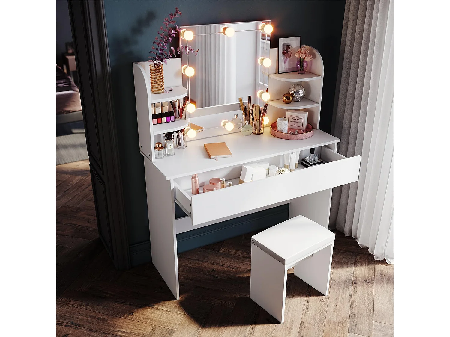 Make-uptafel met verlichting - Inclusief spiegel en kruk