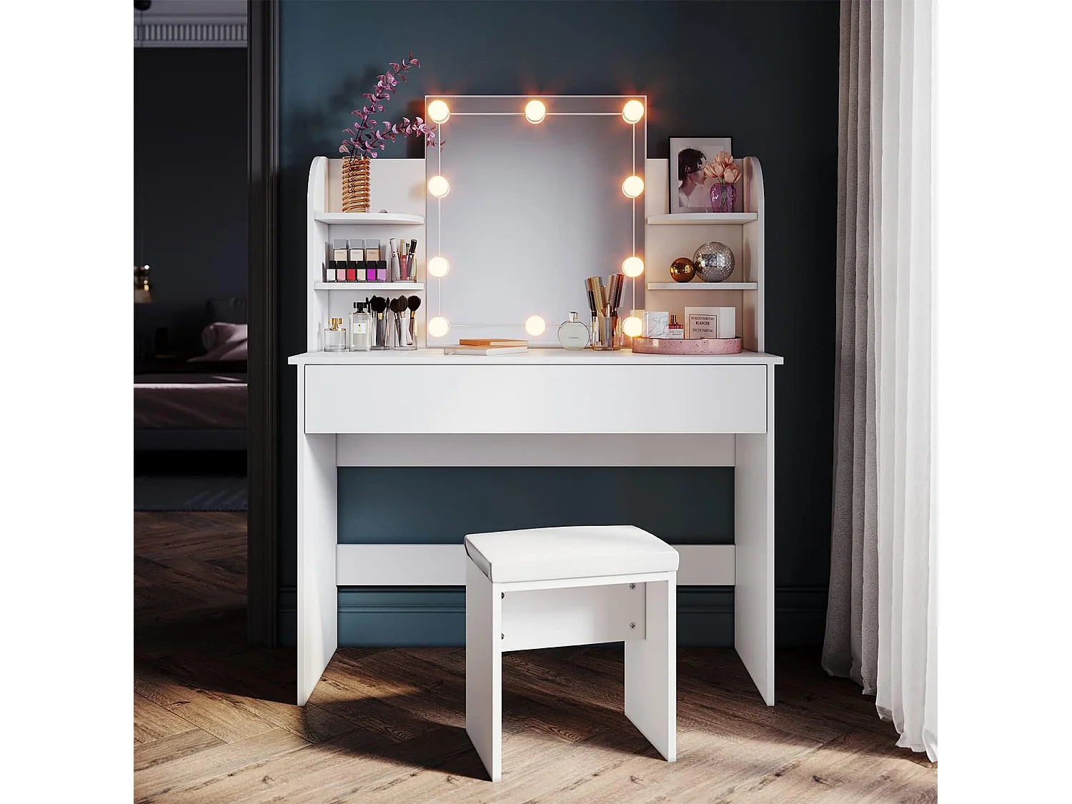 Make-uptafel met verlichting - Inclusief spiegel en kruk